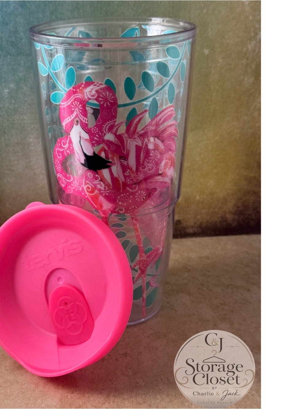 tervis Pink Flamingo Tumbler with Turquoise Leaf Motif and Hot Pink Lid